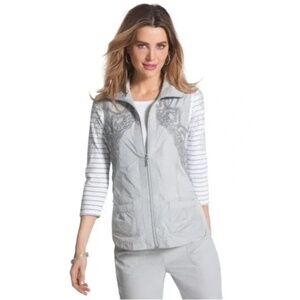 Chico's Womens Zenergy Embroidered Vest Size 2 Striped Lace Lightweight Full Zip